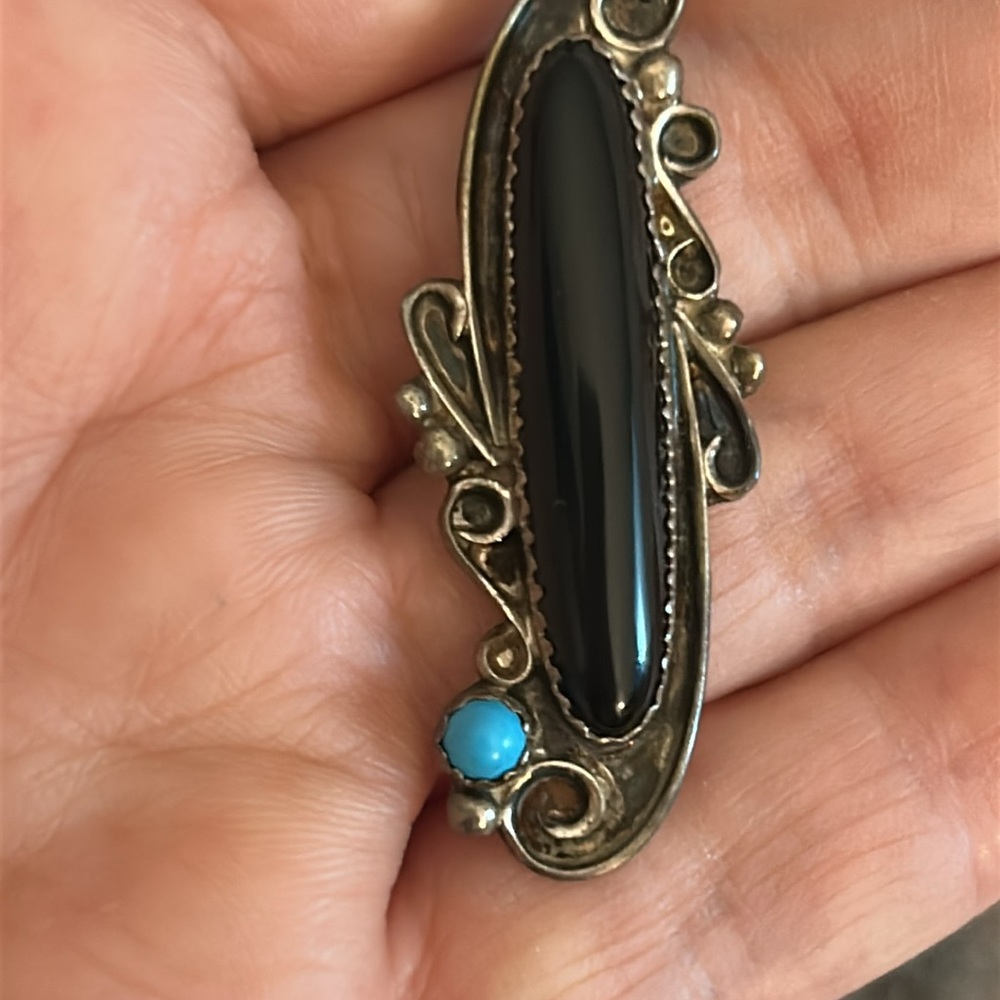 Vintage Signed Stamped Sterling Silver Onyx Turquoise Pendant Necklace - Picture 12 of 15